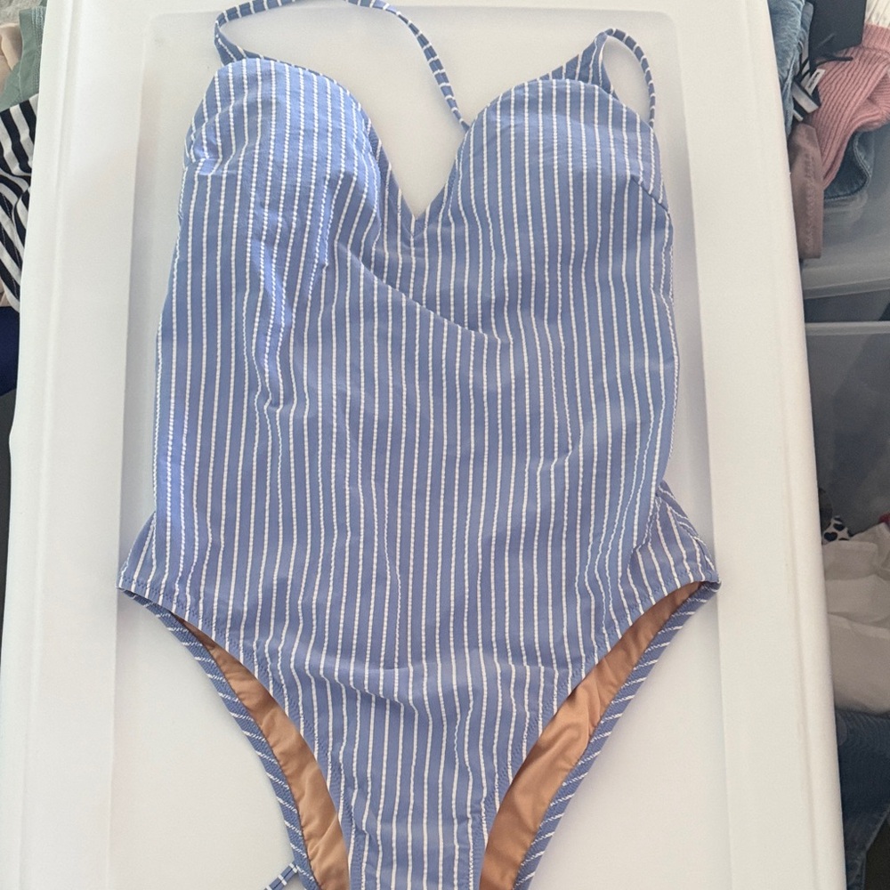 J. Crew Light Blue and White Pinstripe One-Piece Swimsuit